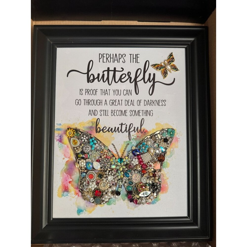 Designs By Betty Signed Butterfly Jewelry Art Quote Framed Collage 14" X 17" - Picture 2 of 12